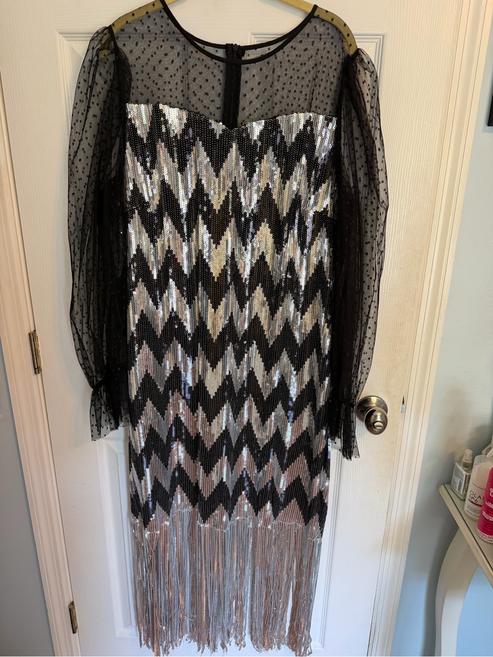 Black & Silver Sequin Fringe Flapper Cocktail Dress with Sheer Dot Sleeves